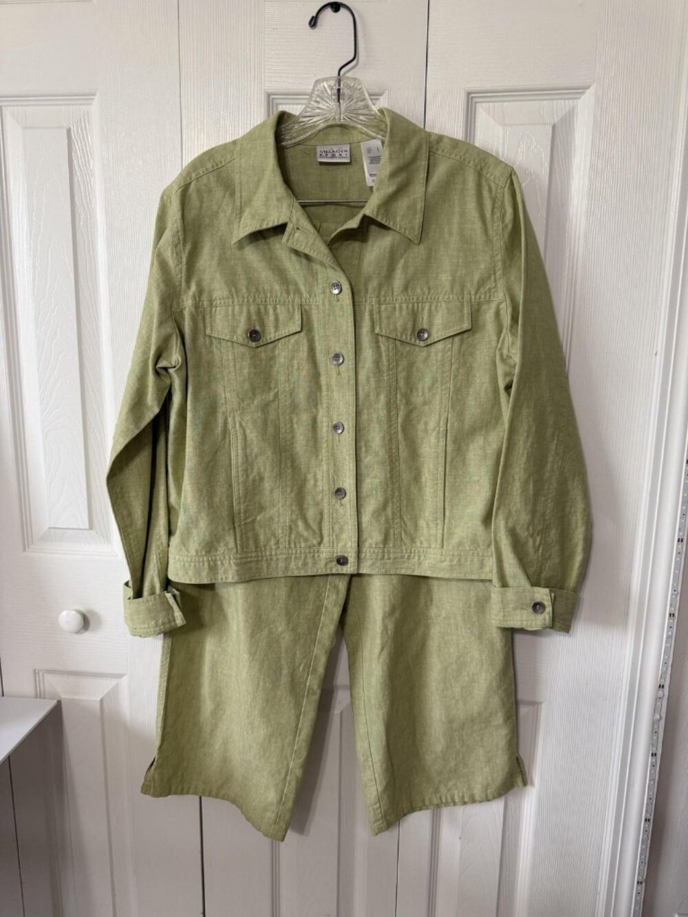 Liz Claiborne Villager Green Linen Blend 2 Pc Pant Suit Jacket & Crop Pants M